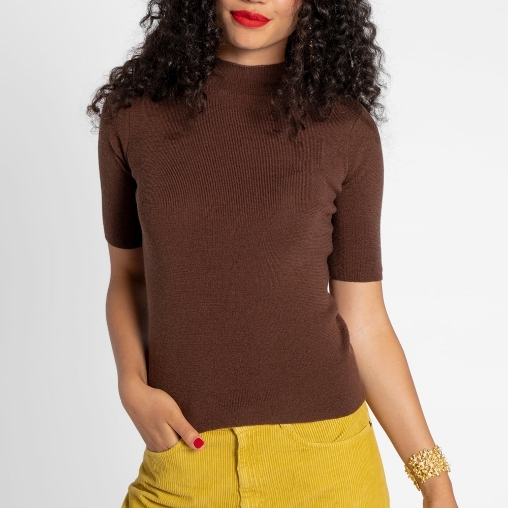 Frances Valentine Brown 100% Merino Wool Ribbed Marie Mock Neck Sweater Top LG